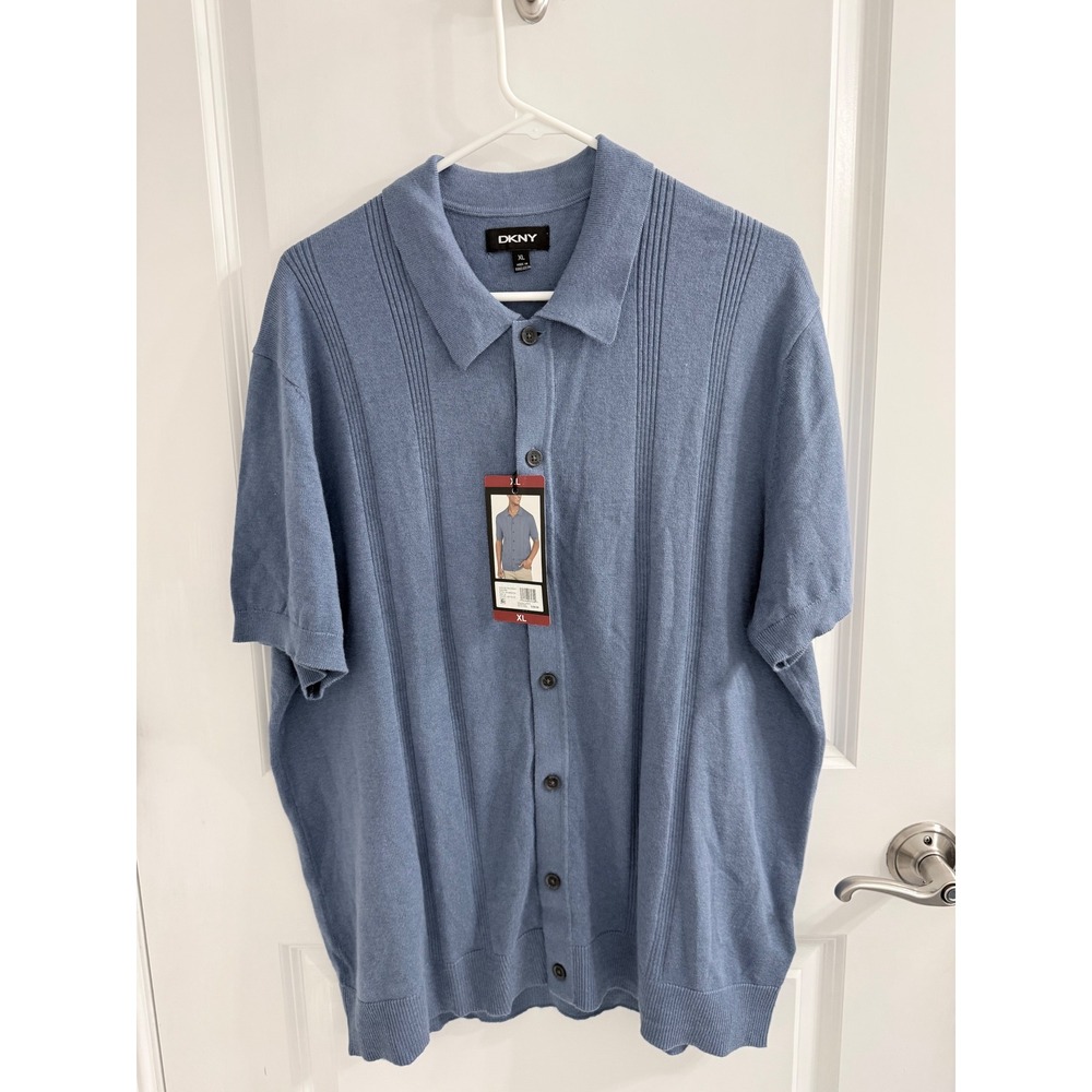 DKNY Mens Button Front Sweater Polo Light Blue Short Sleeve Knit Shirt XL NEW